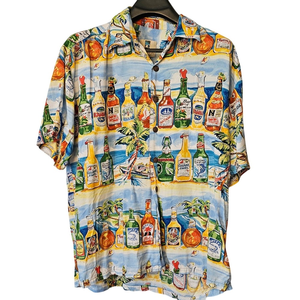 Kahala Mens Hawaiian Shirt Large Beer Bottle Novelty Print Rayon Handcrafted EUC
